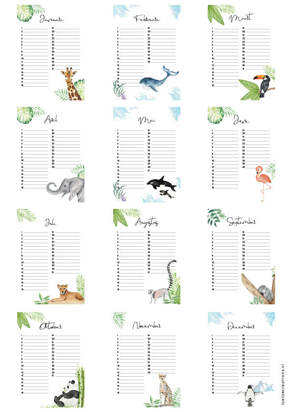 verjaardagskalender dieren jungle botanisch